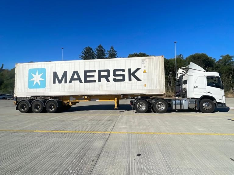 A Maersk 40-foot container loaded on an Aardiv skeletal trailer